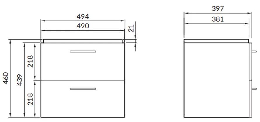 Set dulap baie suspendat Lara 2 sertare cu lavoar Cersanit Como inclus, 50 cm, gri 500x400 mm