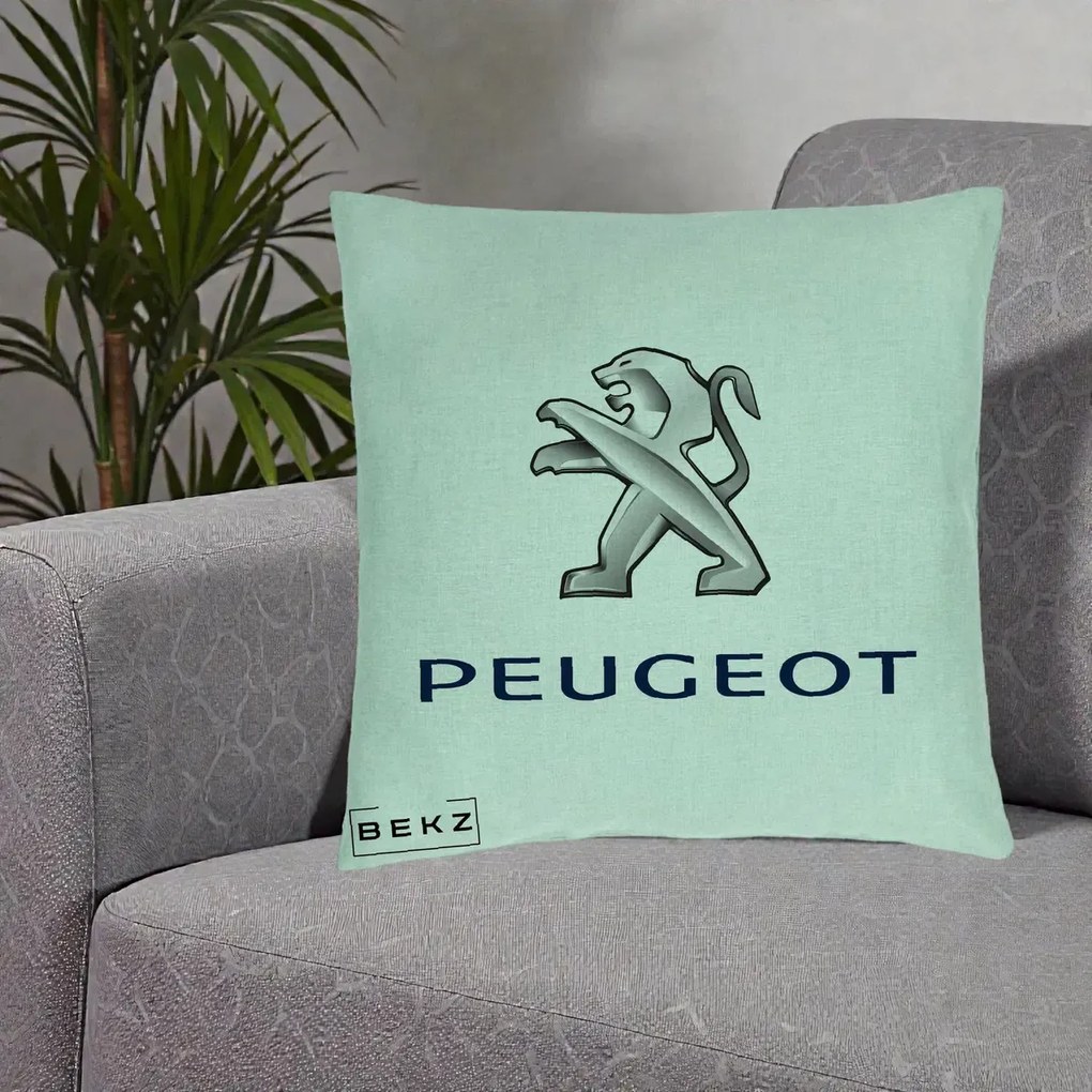 Perna Personalizata cu emblema Peugeot, 40x40 cm, Verde Menta, Husa Detasabila, Perna Inclusa, BEKZ®