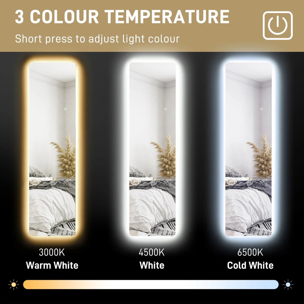 HOMCOM Oglindă întreagă cu LED-uri, control tactil, reglabil, fără ramă, 40 x 150 cm | Aosom Romania