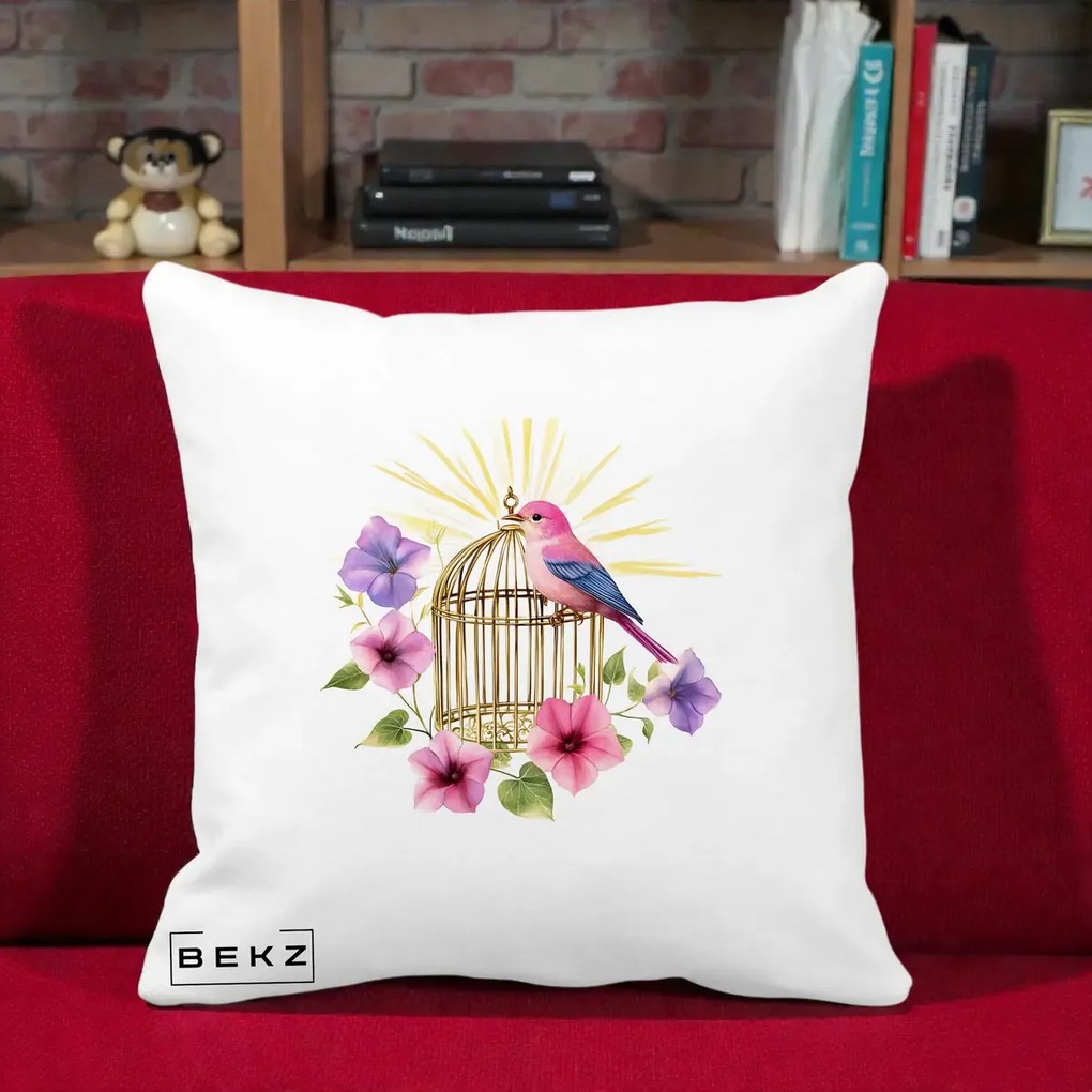 Perna Decorativa Pasare Roz pe Colivie Aurie cu Flori, 40x40 cm, Alba Mata, Husa Detasabila, Perna Inclusa, BEKZ®