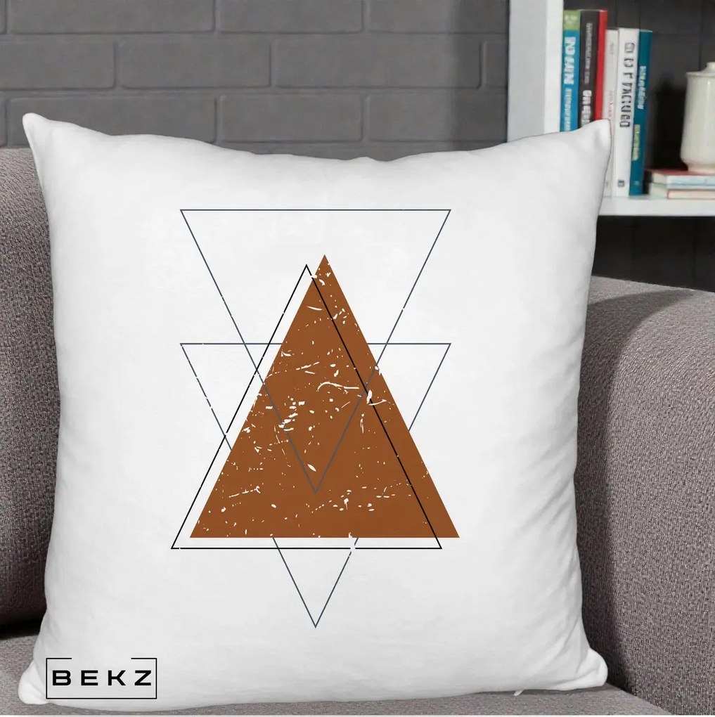 Perna Decorativa Geometric Triunghiuri Sacred, 40x40 cm, Alb Pufos, Husa Detasabila, Perna Inclusa, BEKZ®