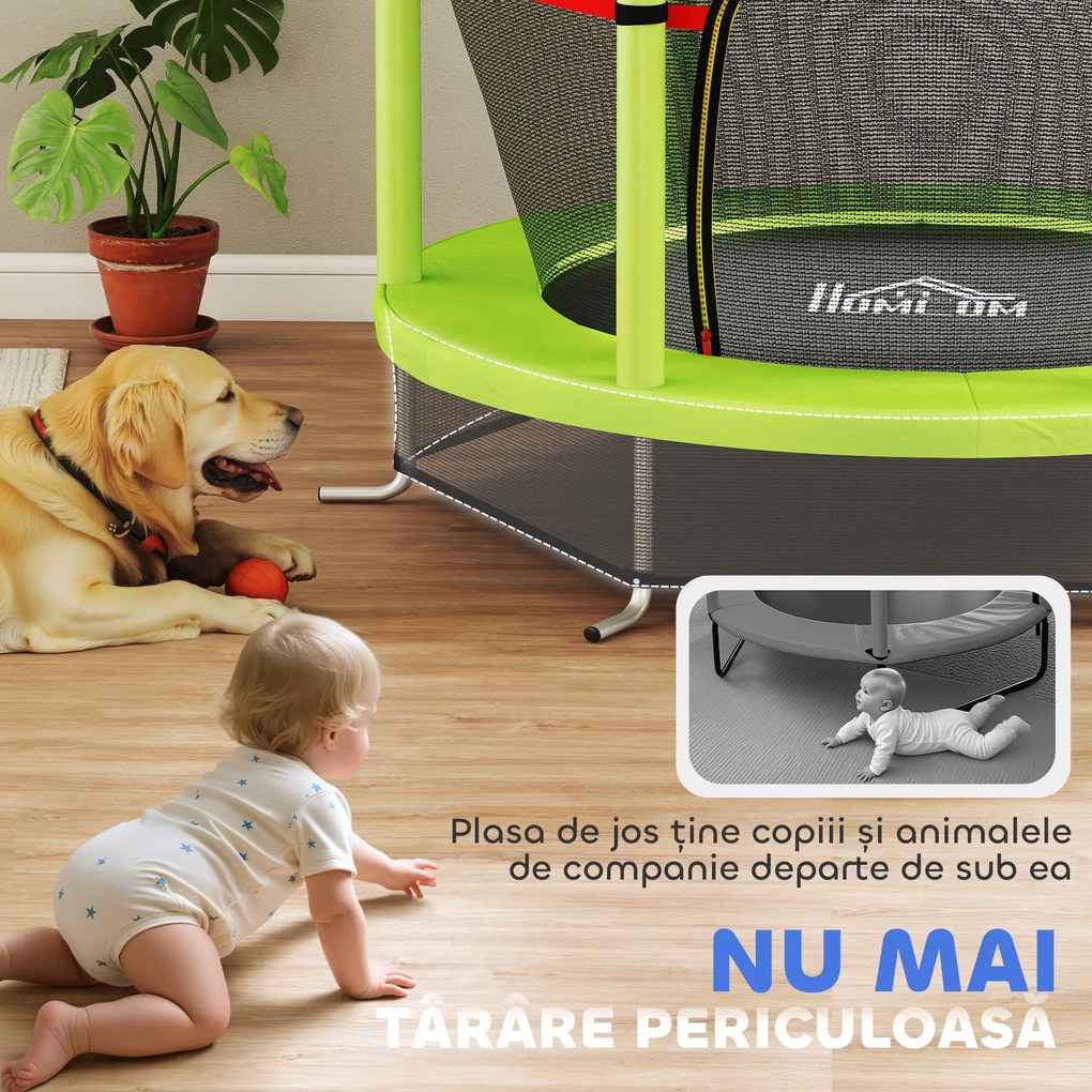 HOMCOM Saltea Elastică pentru Copii 3-6 Ani cu Plasă de Protecție, 6 Stâlpi și 3 Intrări, Ø140x190 cm, Verde | Aosom Romania