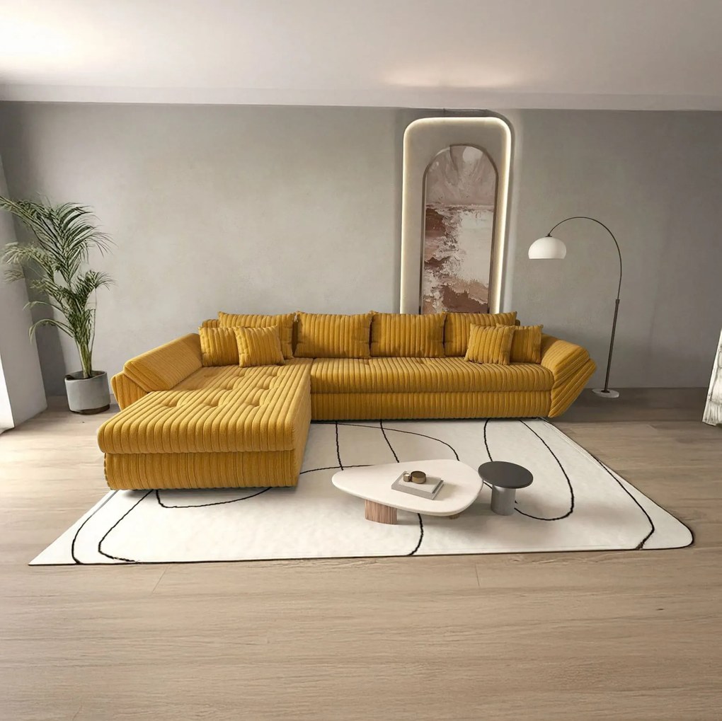 Colțar extensibil dumonde cu ladă de depozitare si sezut confortabil din spuma high-density, Loana XL Zoom Mustar 335x185 cm