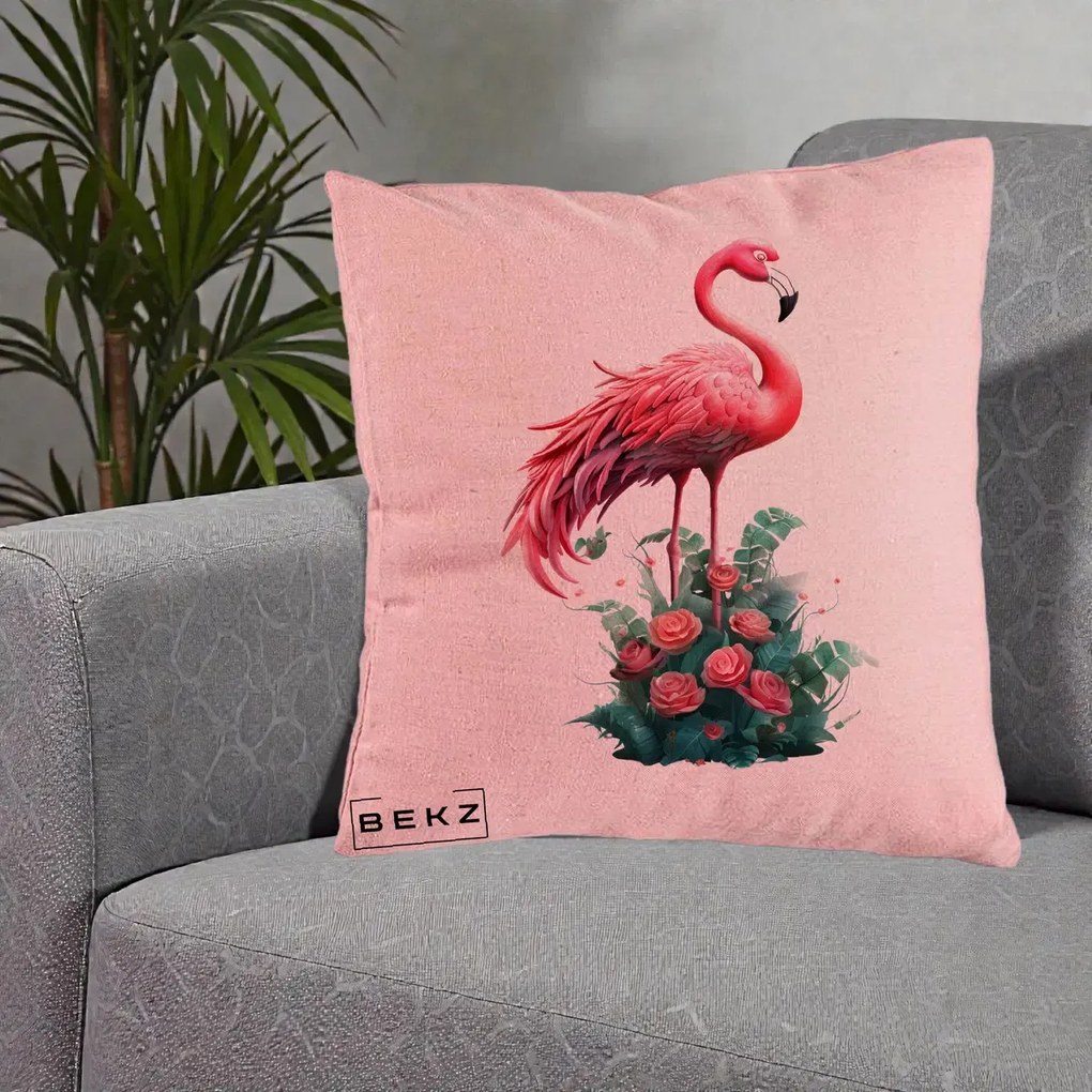 Perna Decorativa Flamingo cu Trandafiri Tropicali, 40x40 cm, Roz, Husa Detasabila, Perna Inclusa, BEKZ®