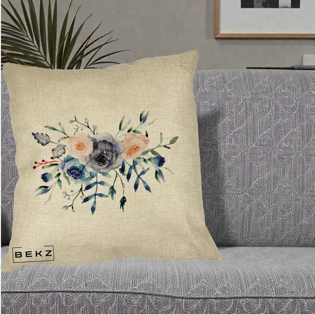 Perna Decorativa Buchet Flori Albastre Acuarela, 40x40 cm, Crem, Husa Detasabila, Perna Inclusa, BEKZ®