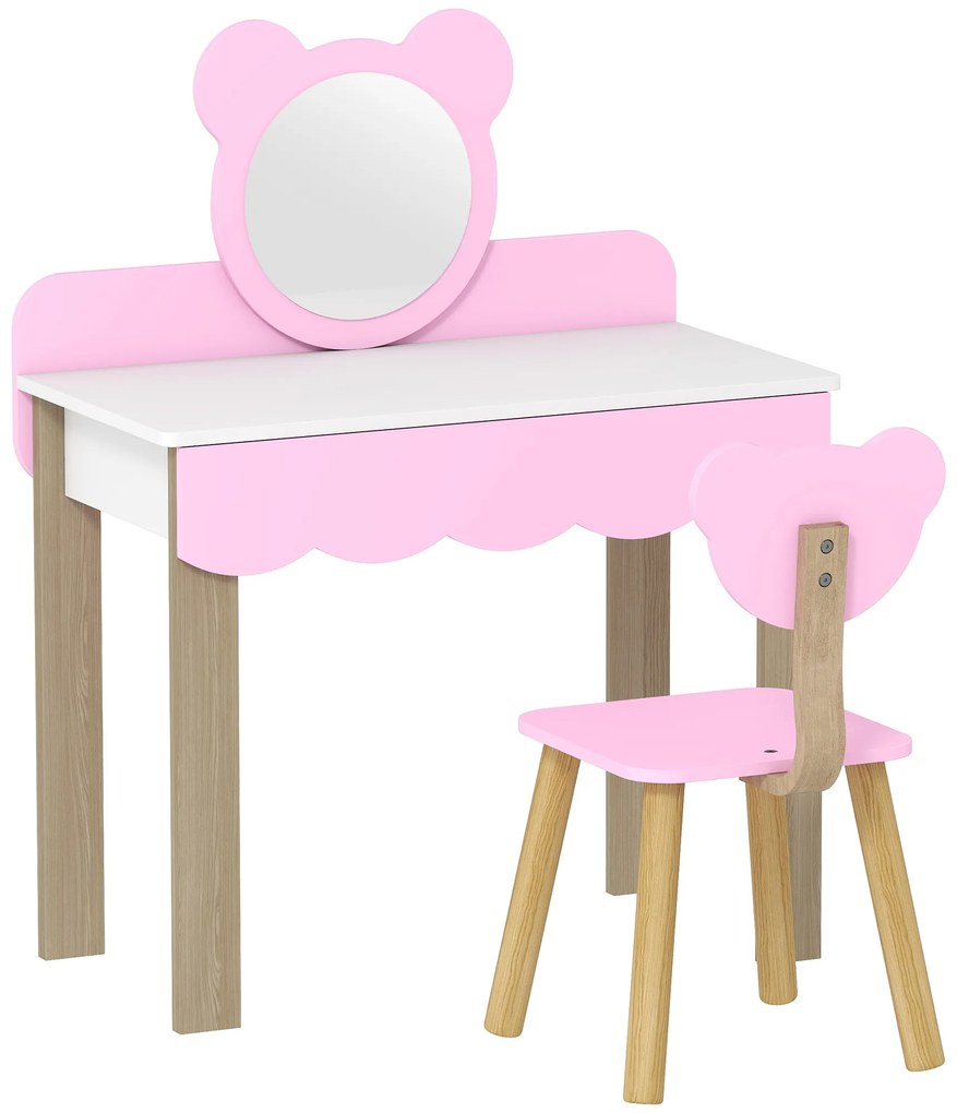 AIYAPLAY Set Masuta Cosmetica cu Scaunel pentru Copii, Oglinda de Machiaj, Forma Ursulet, Sertar, MDF, Roz | Aosom Romania