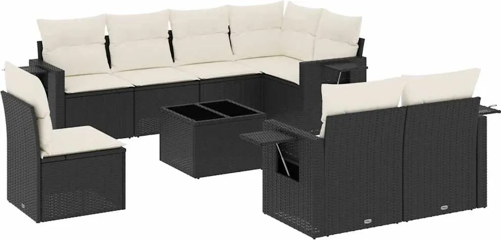vidaXL Set mobilier de grădină cu perne, 9 piese, negru, poliratan