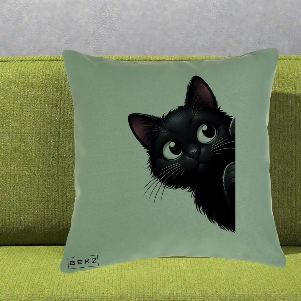 Perna Decorativa Pisica Neagra Dragalasa Curioasa, 40x40 cm, Verde, Husa Detasabila, Perna Inclusa, BEKZ®