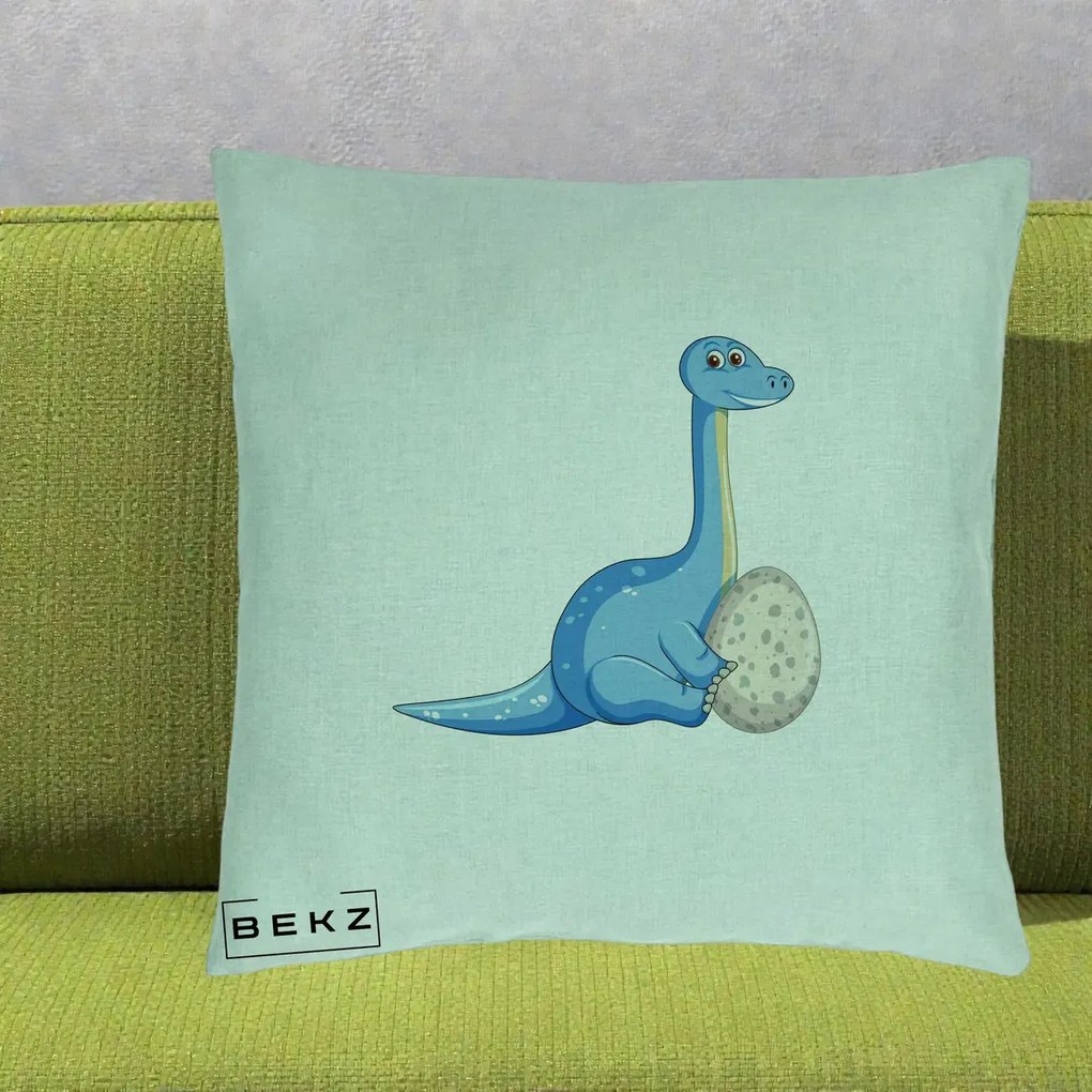 Perna Decorativa Brontosaur cu Ou, 40x40 cm, Verde Menta, Husa Detasabila, Perna Inclusa, BEKZ®