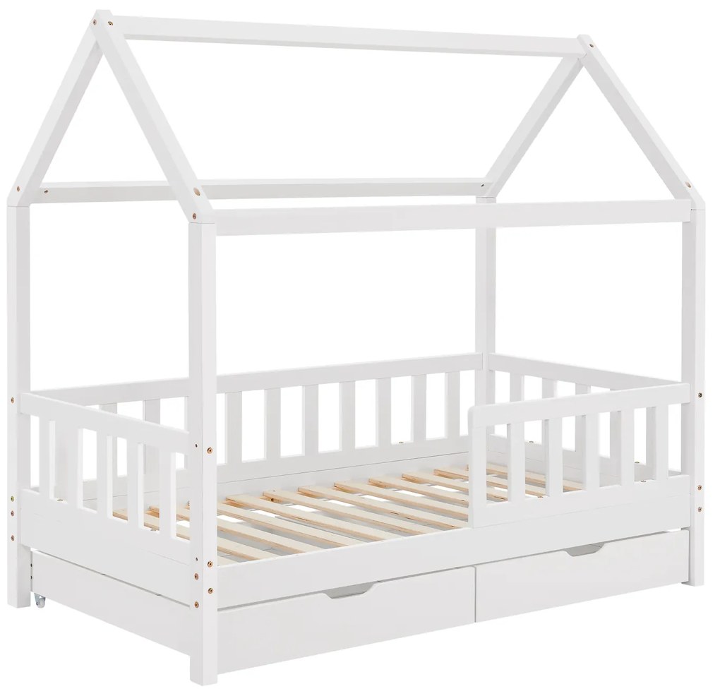 Patut Marli 90 x 200 cm cu 2 sertare si grilaj cu lamele - alb