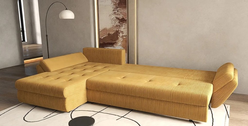 Colțar extensibil dumonde cu ladă de depozitare si sezut confortabil din spuma high-density, Loana XL Zoom Mustar II 335x185 cm