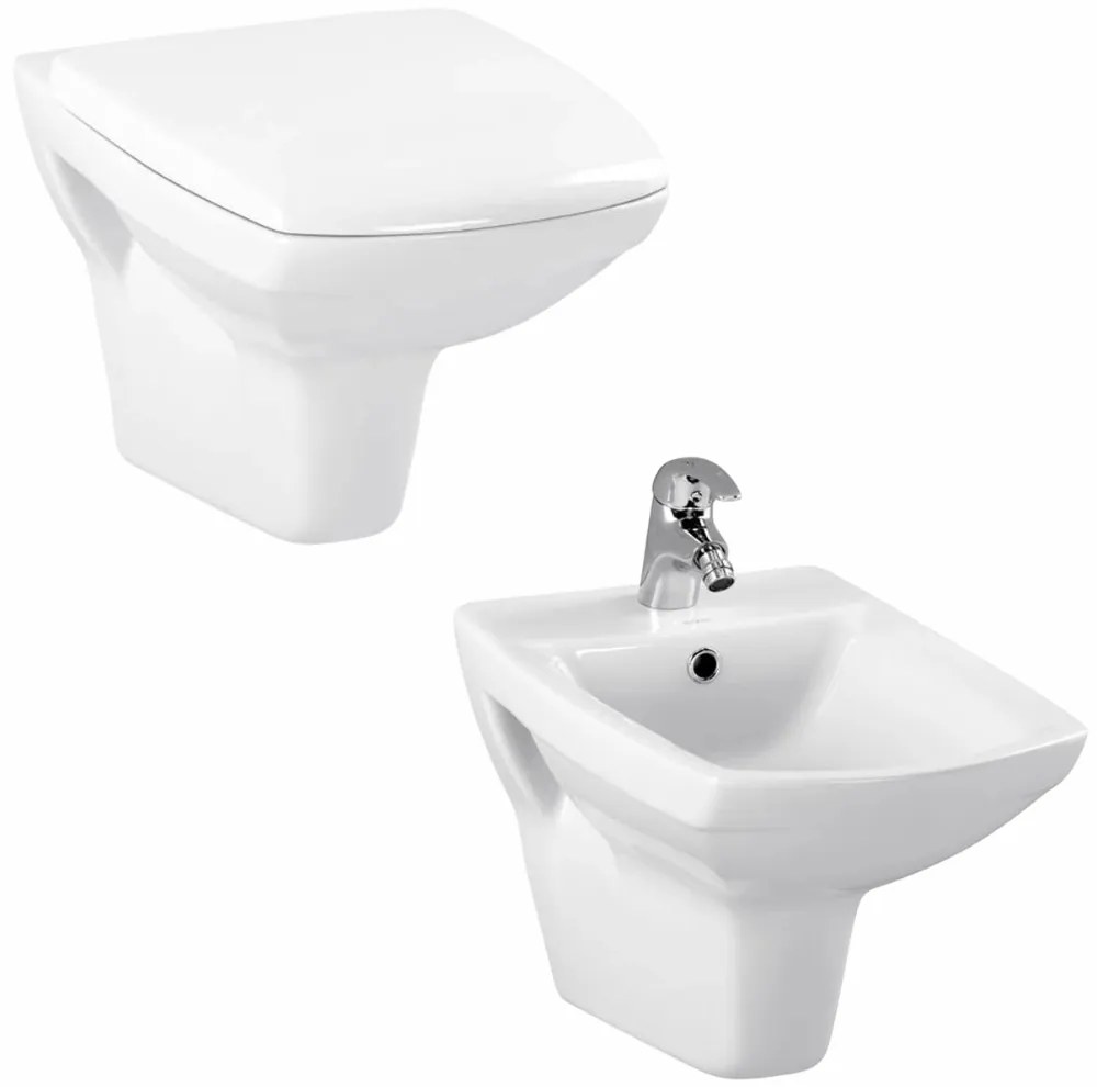 Set vas wc suspendat rimless cu capac soft close si bideu Cersanit Carina