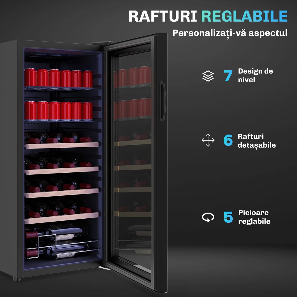 HOMCOM Vitrină Frigorifică pentru Vinuri 20 Sticle 92L, Temperatura Reglabilă 5-18℃, Frigider Vinuri Silențios cu Sticlă Anti-UV, Rafturi, Compresor, Display Touch și LED, Clasa G | Aosom Romania