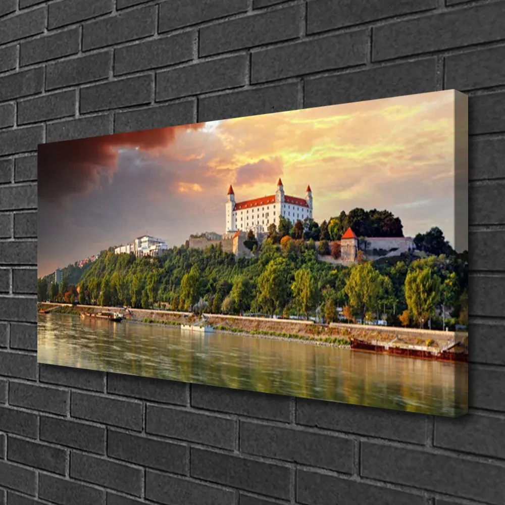 Tablou pe panza canvas City Lake Peisaj Alb Brun Verde