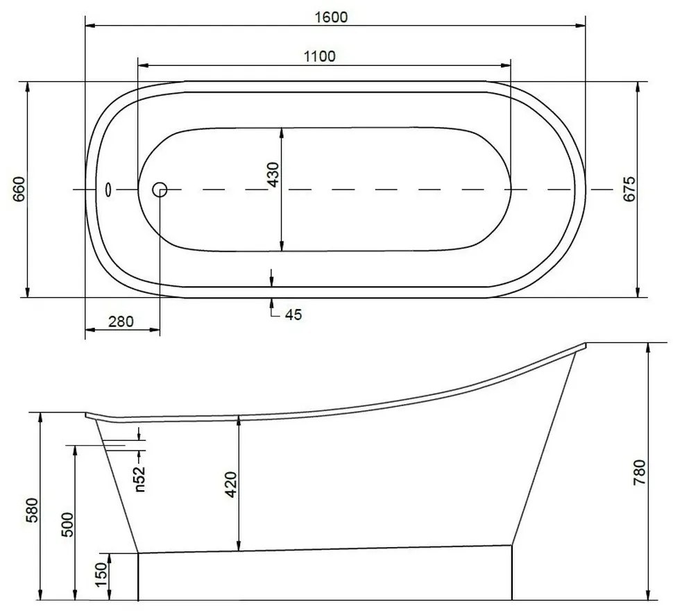 Cada baie freestanding asimetrica, compozit, 160 x 68 cm, Besco Gloria