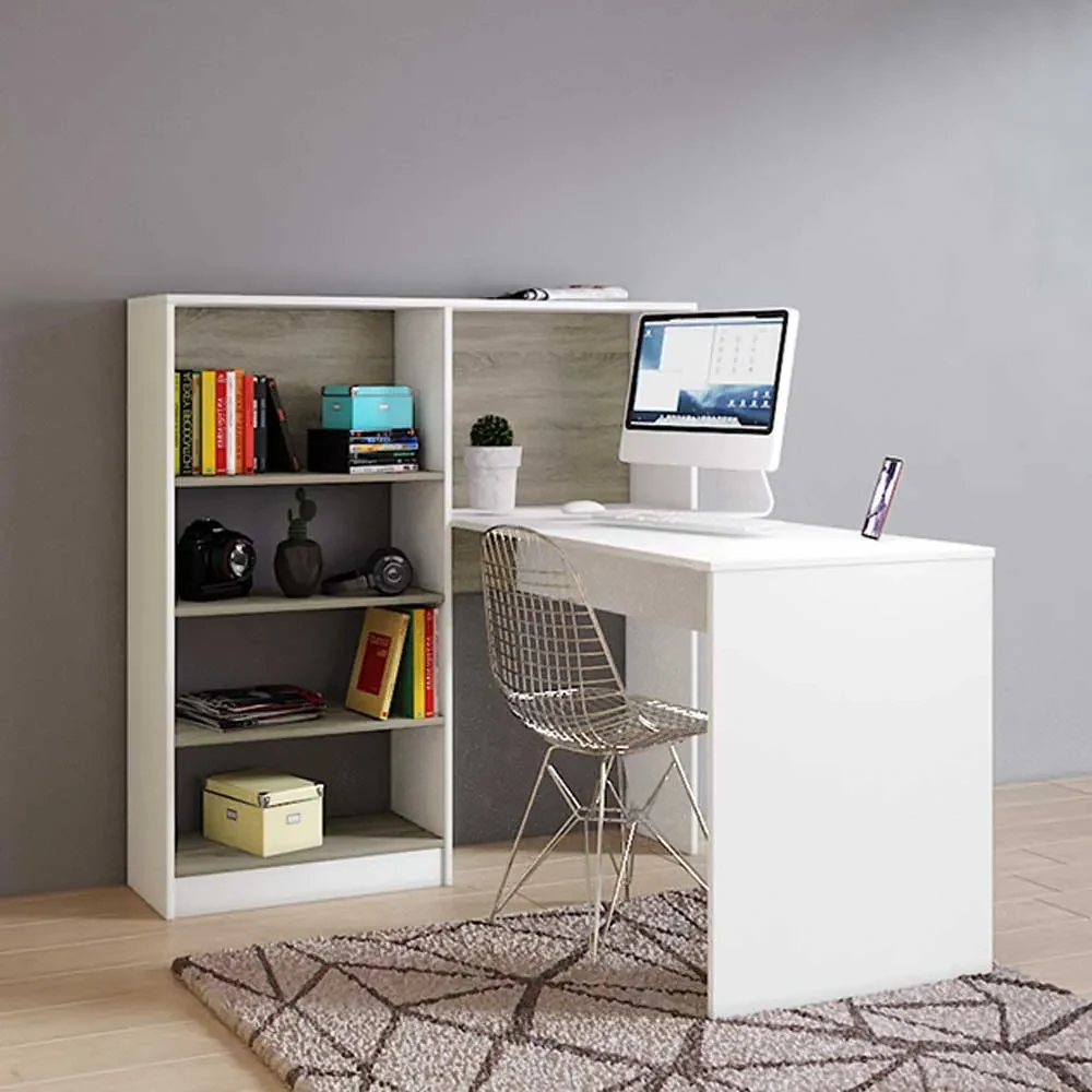 Birou cu biblioteca incorporata Andy, 120x75 cm, culoare alb, pal