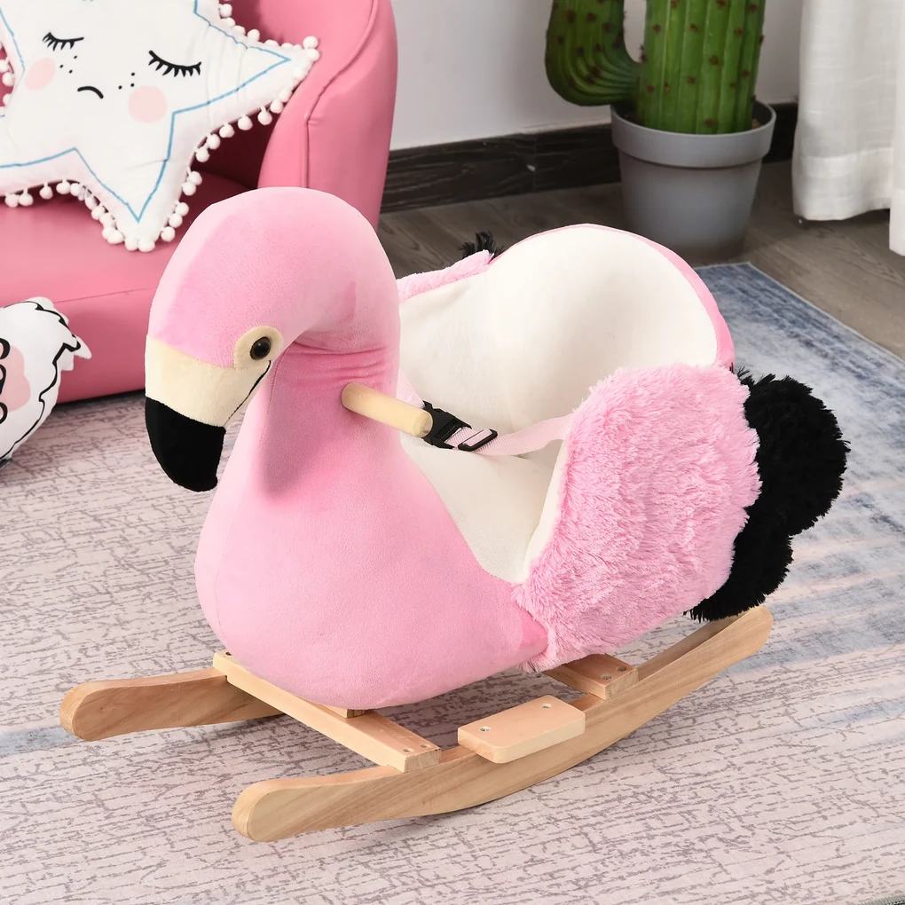 HOMCOM Balansoar Flamingo pentru Copii, Leagăn Moale din Pluș pe Structură de Lemn, Jucărie Interactivă 60x33x52cm Roz | Aosom Romania
