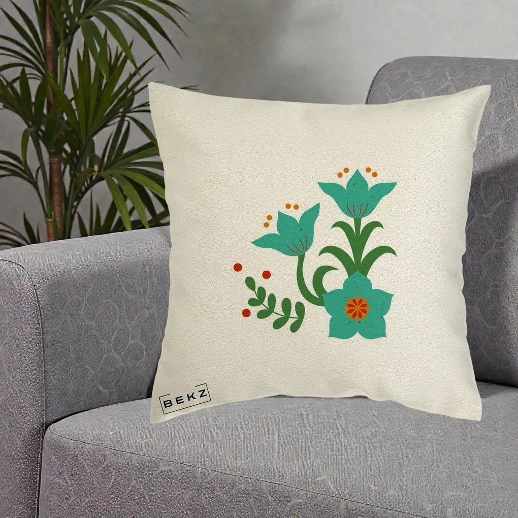 Perna Decorativa Flori Stilizate Folk Turcoaz, 40x40 cm, Ecru, Husa Detasabila, Perna Inclusa, BEKZ®