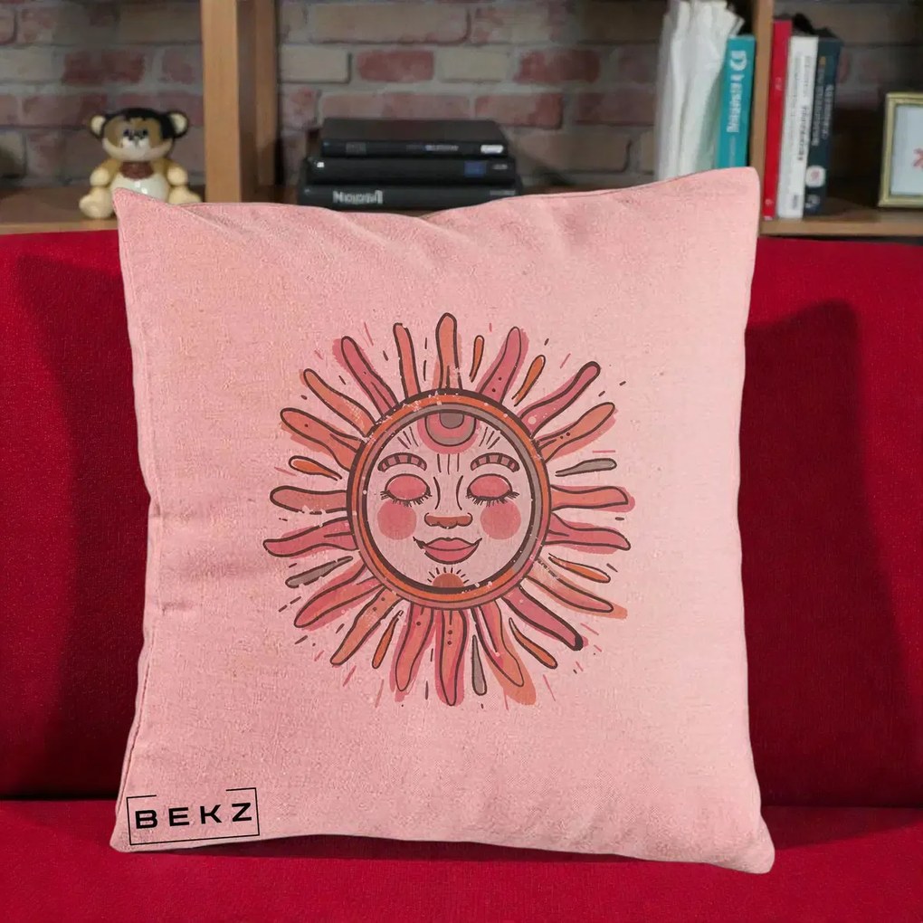 Perna Decorativa Soare Roz Tribal, 40x40 cm, Roz, Husa Detasabila, Perna Inclusa, BEKZ®