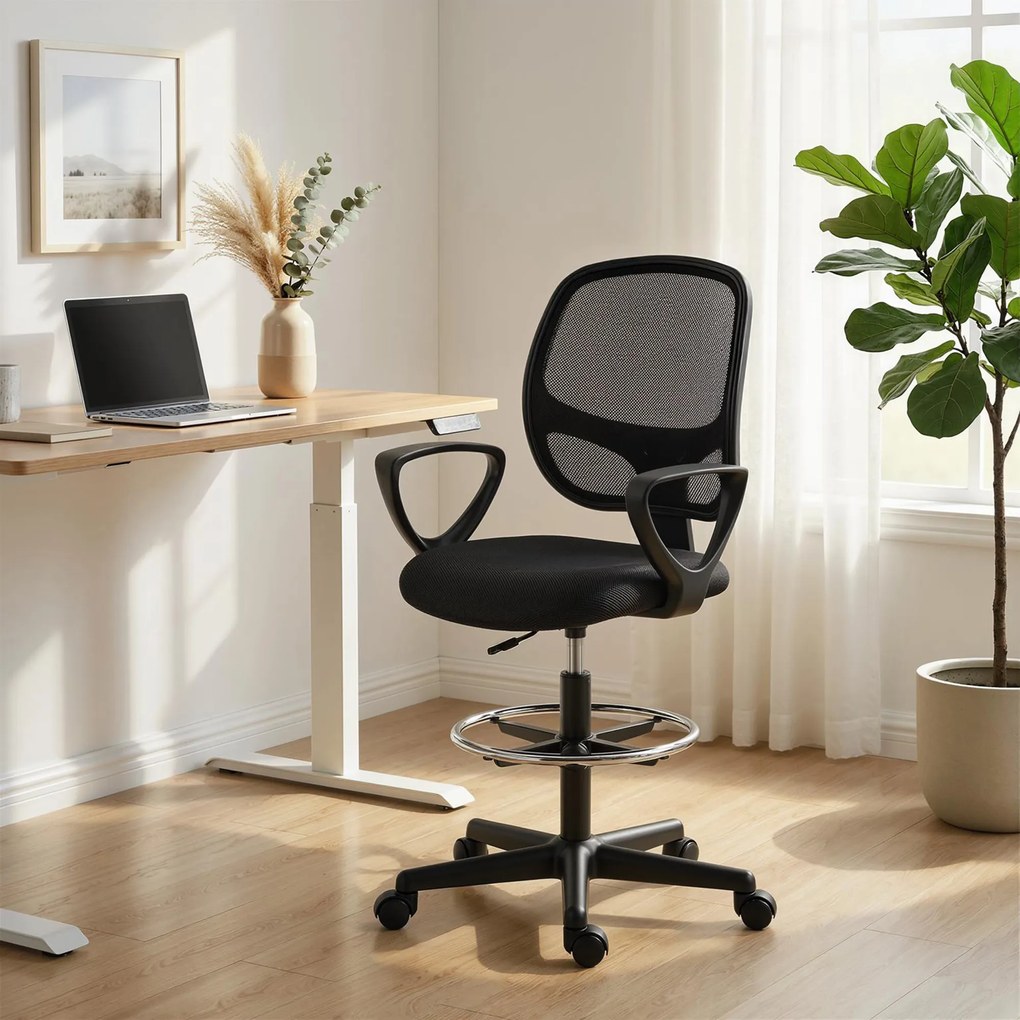 HOMCOM Scaun de birou ergonomic, fotoliu de birou cu suport pentru picioare și cotiere, înălțime reglabilă, 59x58x103-123cm, negru | Aosom Romania