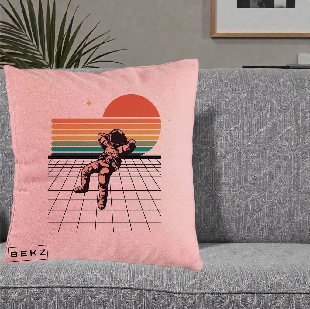 Perna Decorativa Astronaut Retro Space, 40x40 cm, Roz, Husa Detasabila, Perna Inclusa, BEKZ®