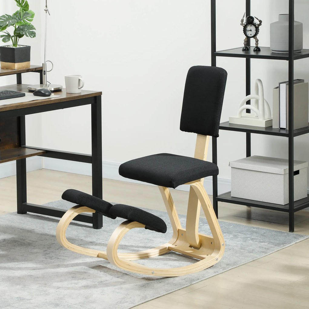 HOMCOM Scaun Ergonomic pentru Genunchi din Țesătură cu Aspect de In și Lemn de Mesteacăn, Negru | Aosom Romania