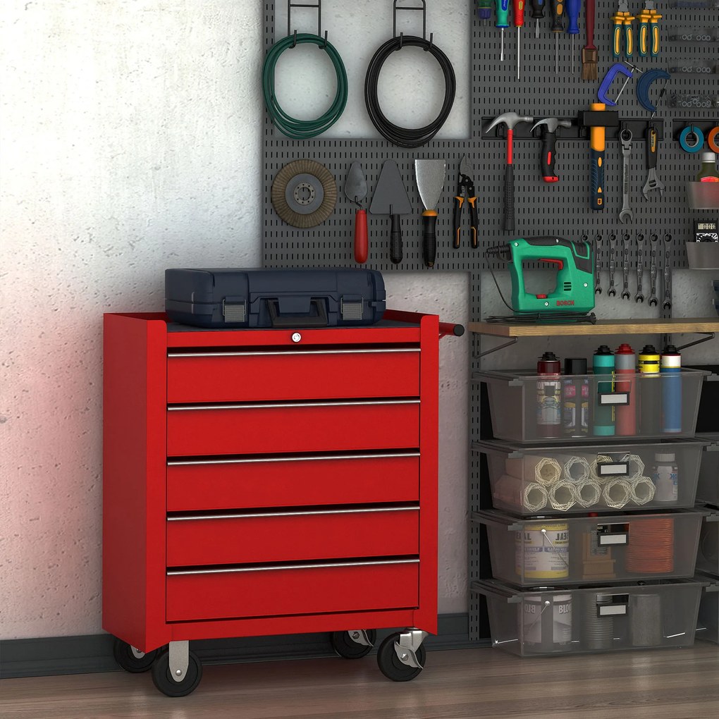 HOMCOM Cărucior Mobil pentru Atelier cu Sertare, Organizator Ustensile, Roșu, 67.5x33x77cm | Aosom Romania
