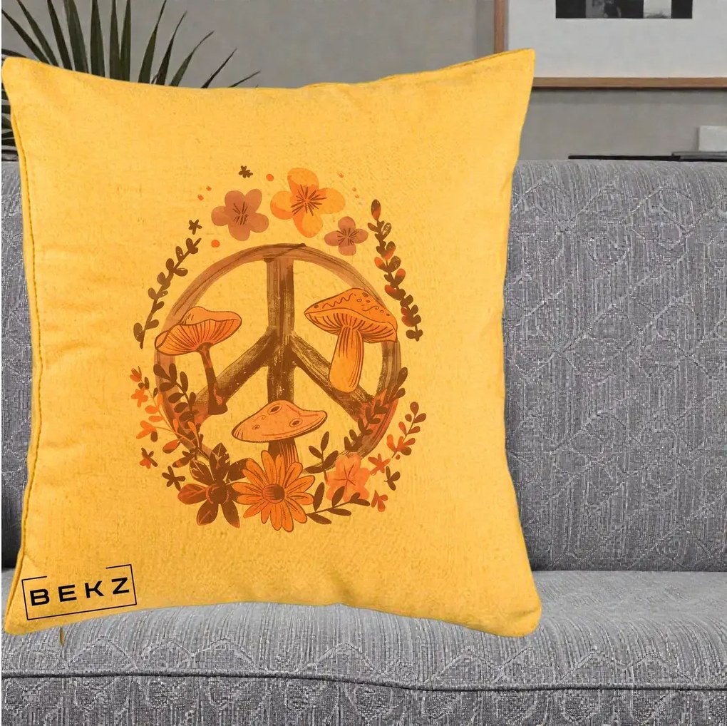 Perna Decorativa Peace Sign Ciuperci Floral, 40x40 cm, Galben, Husa Detasabila, Perna Inclusa, BEKZ®