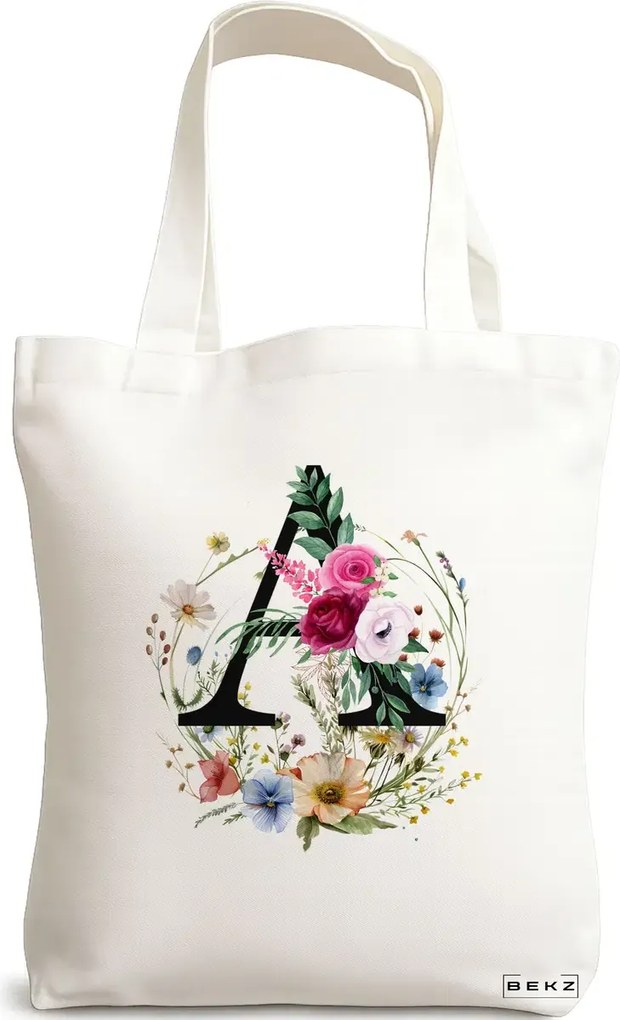 Sacosa de Panza pentru Cumparaturi, Geanta Tote, Cu litera A in Coronita Florala, 38x34.5 cm, Alba, BEKZ®