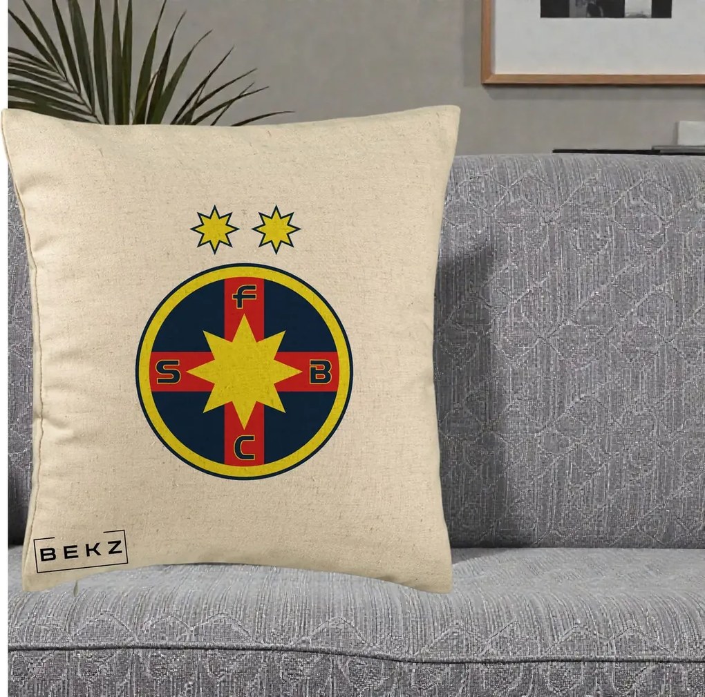 Perna Personalizata FCSB Fotbal Club Steaua Bucuresti, 40x40 cm, Bej, Husa Detasabila, Perna Inclusa, BEKZ®