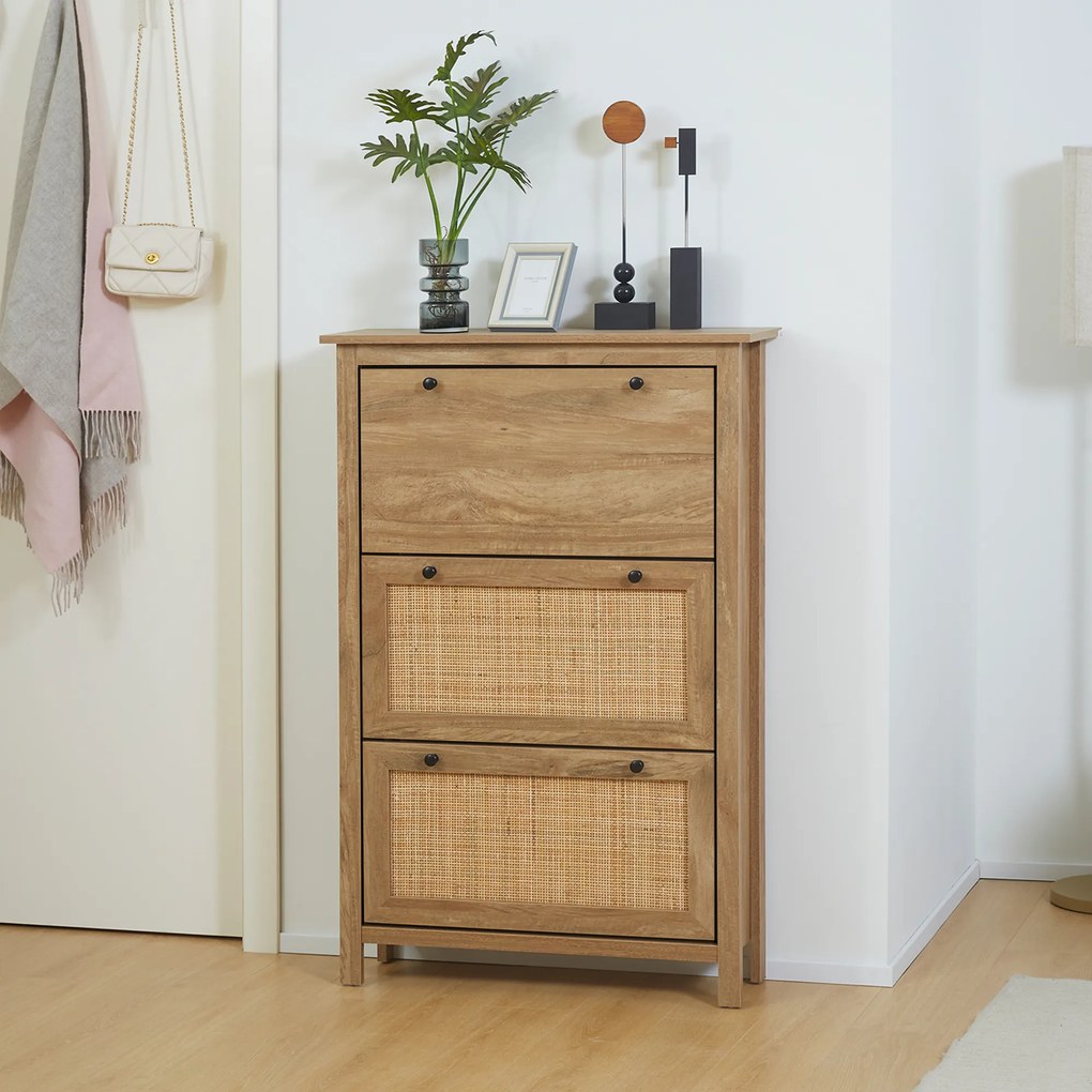 HOMCOM Dulap pentru pantofi raft pantofi dulap 3 uși rabatabile efect cannage răchită - în lemn lemn natural | Aosom Romania