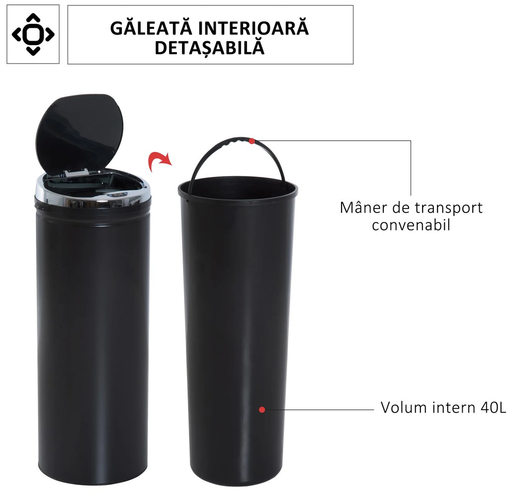 HOMCOM Coș de Gunoi Inteligent cu Senzor, 50L, Oțel Inox și Plastic, Negru, 30.5x30.5x81.5cm | Aosom Romania