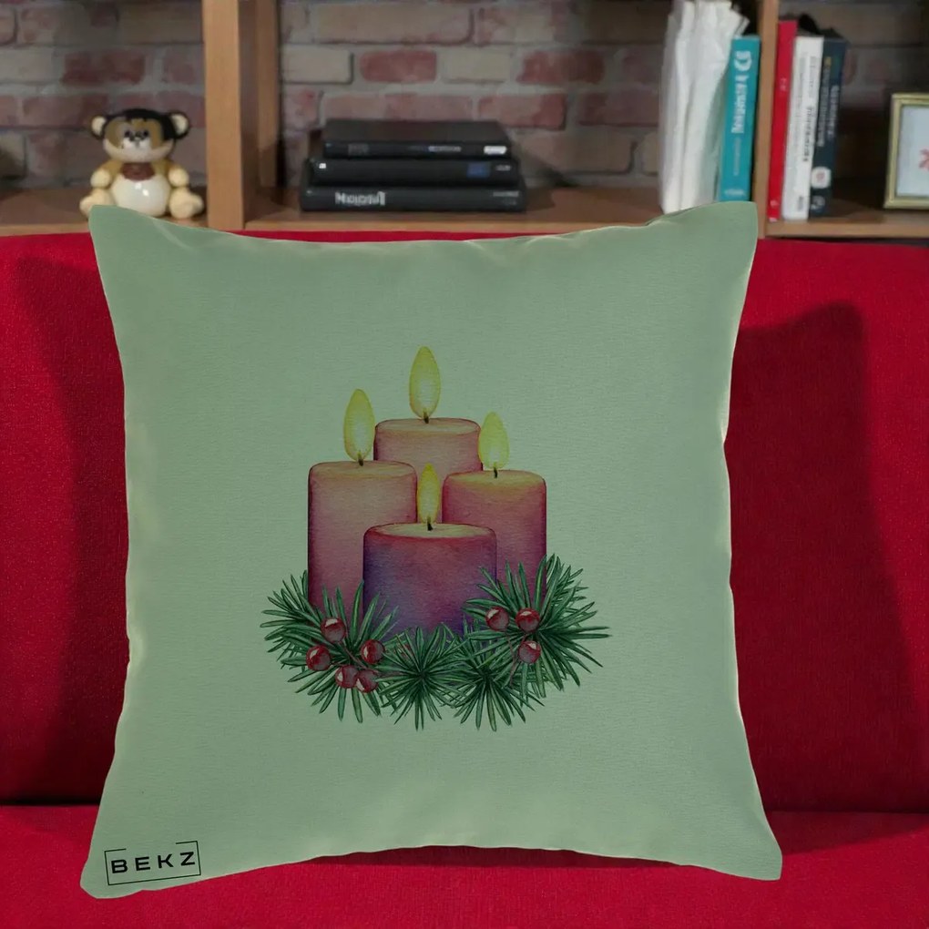 Perna Decorativa Lumanari Advent Roz-Violet, 40x40 cm, Verde, Husa Detasabila, Perna Inclusa, BEKZ®