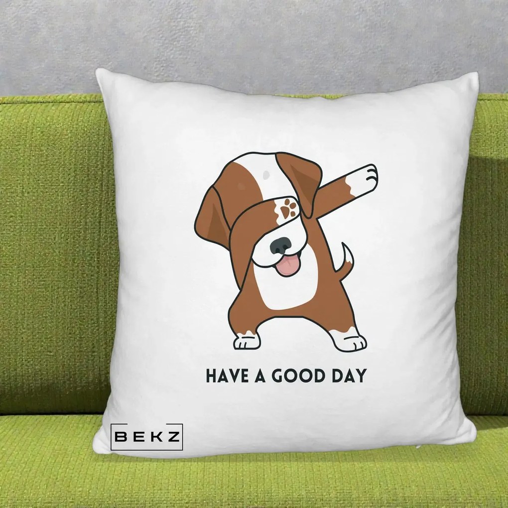 Perna Decorativa Caine Dab Have A Good Day, 40x40 cm, Alb Pufos, Husa Detasabila, Perna Inclusa, BEKZ®