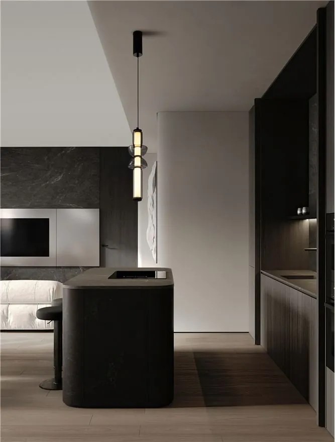 Pendul LED modern, Metal, Negru, Sticla, Fumurie, Ulon