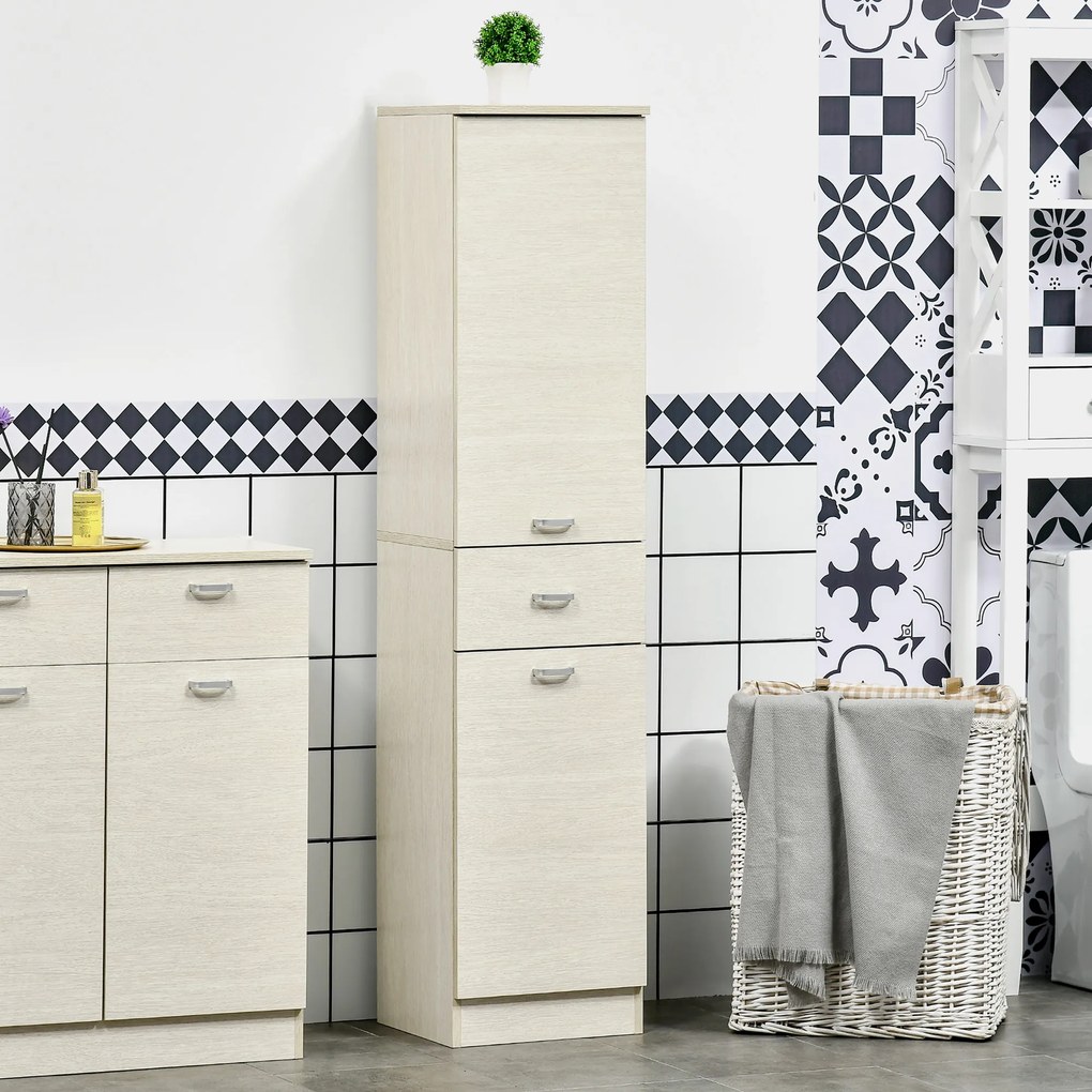 HOMCOM Dulap de Baie cu 2 Dulapuri, Sertar Central și Poliță Reglabilă pentru Depozitare și Organizare, 34x34x150 cm, Lemn Natural | Aosom Romania