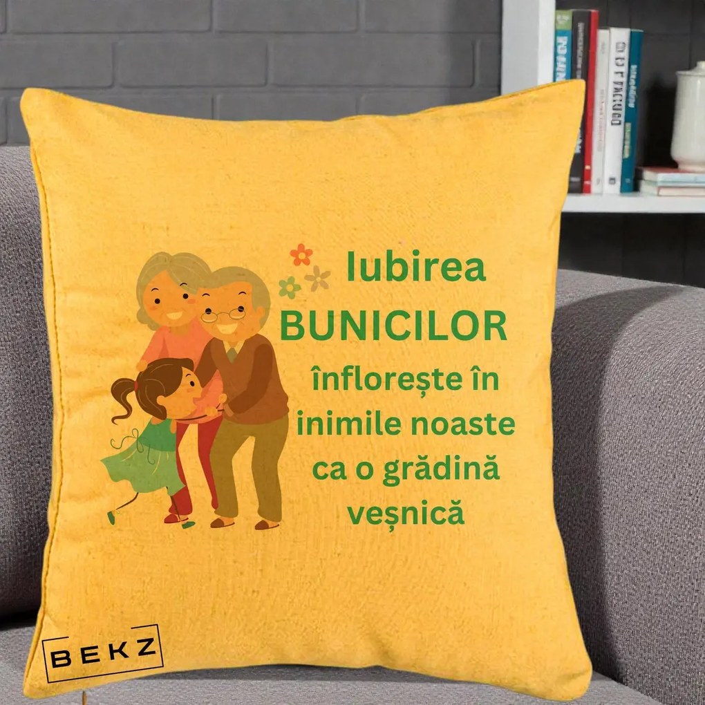 Cadou pentru Bunici - Perna Personalizata Bunicii Iubirea Infloreste cu Nepoata Teal, 40x40 cm, Galben, Husa Detasabila, Perna Inclusa, BEKZ®