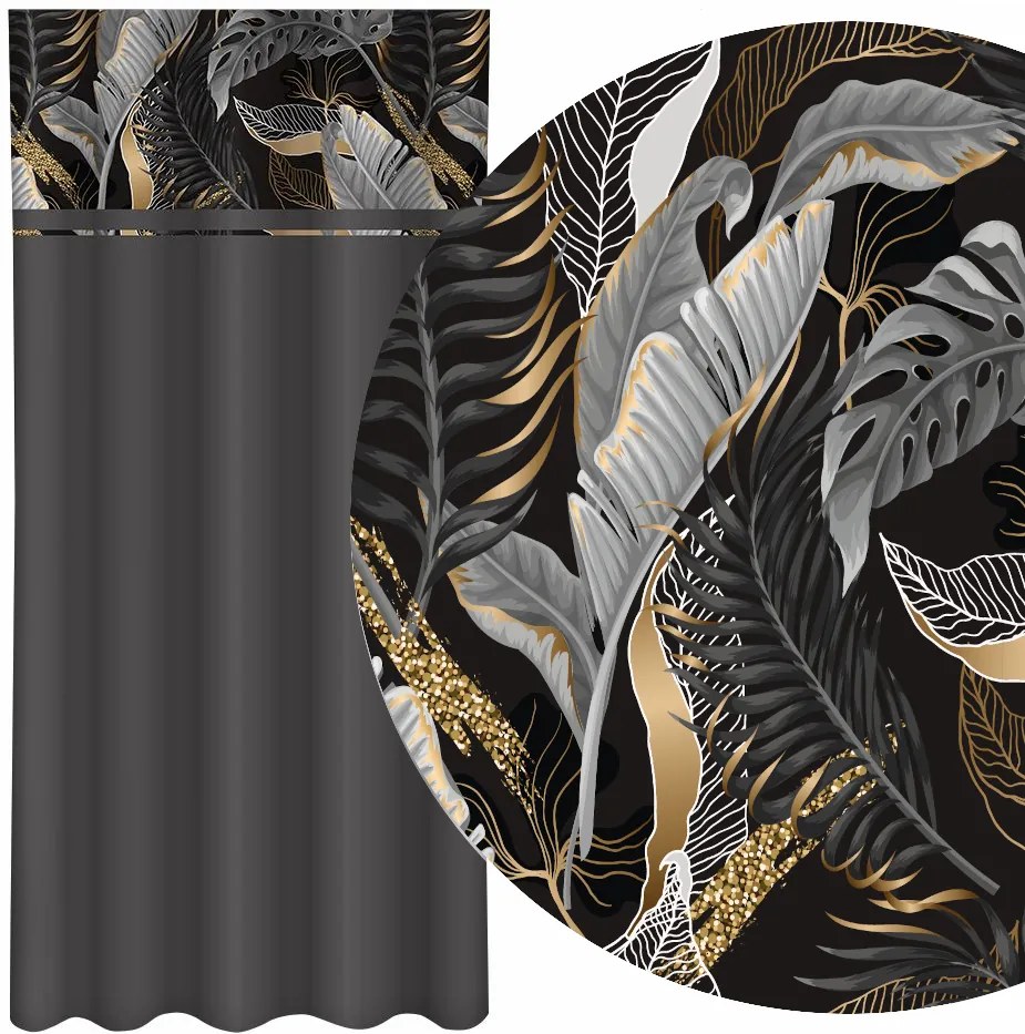 Draperie simplă de culoare gri închis cu imprimare de frunze gri și auriu Lățime: 160 cm | Lungime: 270 cm