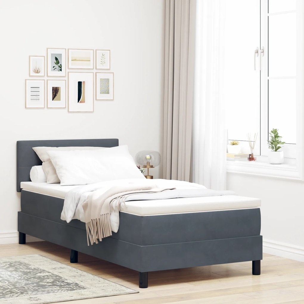 vidaXL Pat box spring cu saltea &amp; LED, gri închis, 90x200 cm catifea