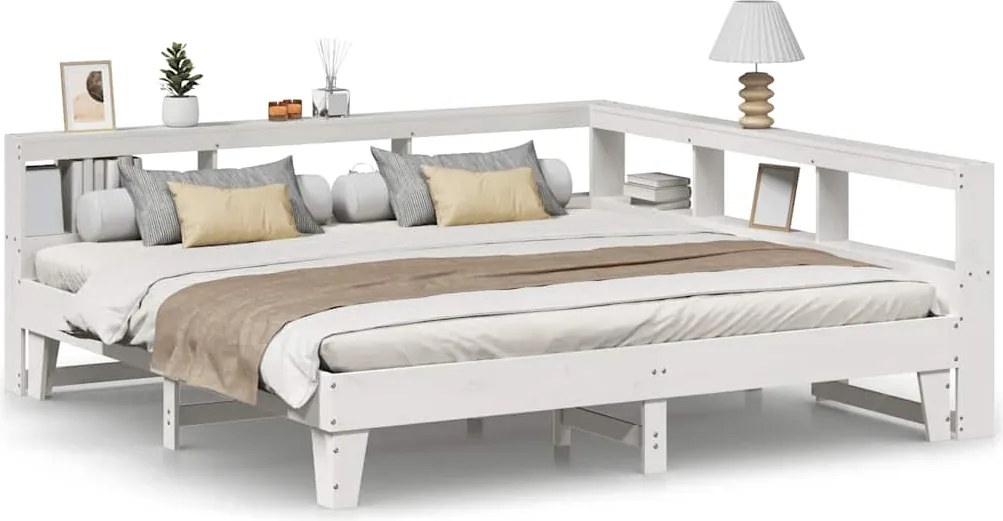 vidaXL Pat cu bibliotecă fără saltea, alb, 200x200 cm, lemn masiv pin