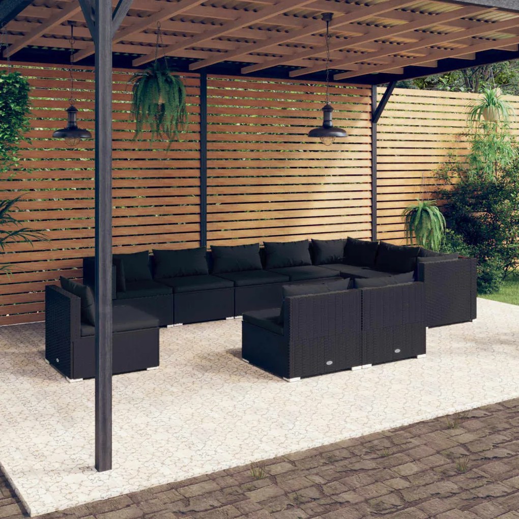 3102592 vidaXL Set mobilier de grădină cu perne, 10 piese, negru, poliratan