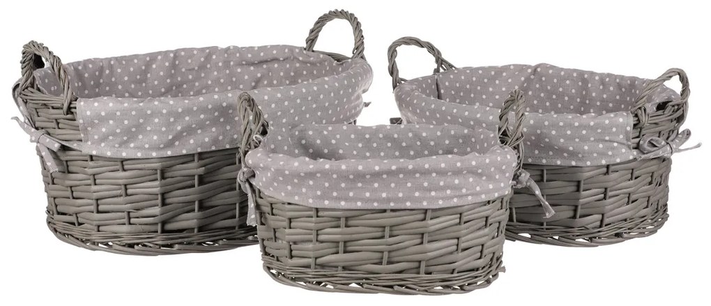 Set coșuri împletite cu țesătură Buline gri, 3 buc 3 dimensiuni, 39 x 22 x 31 cm