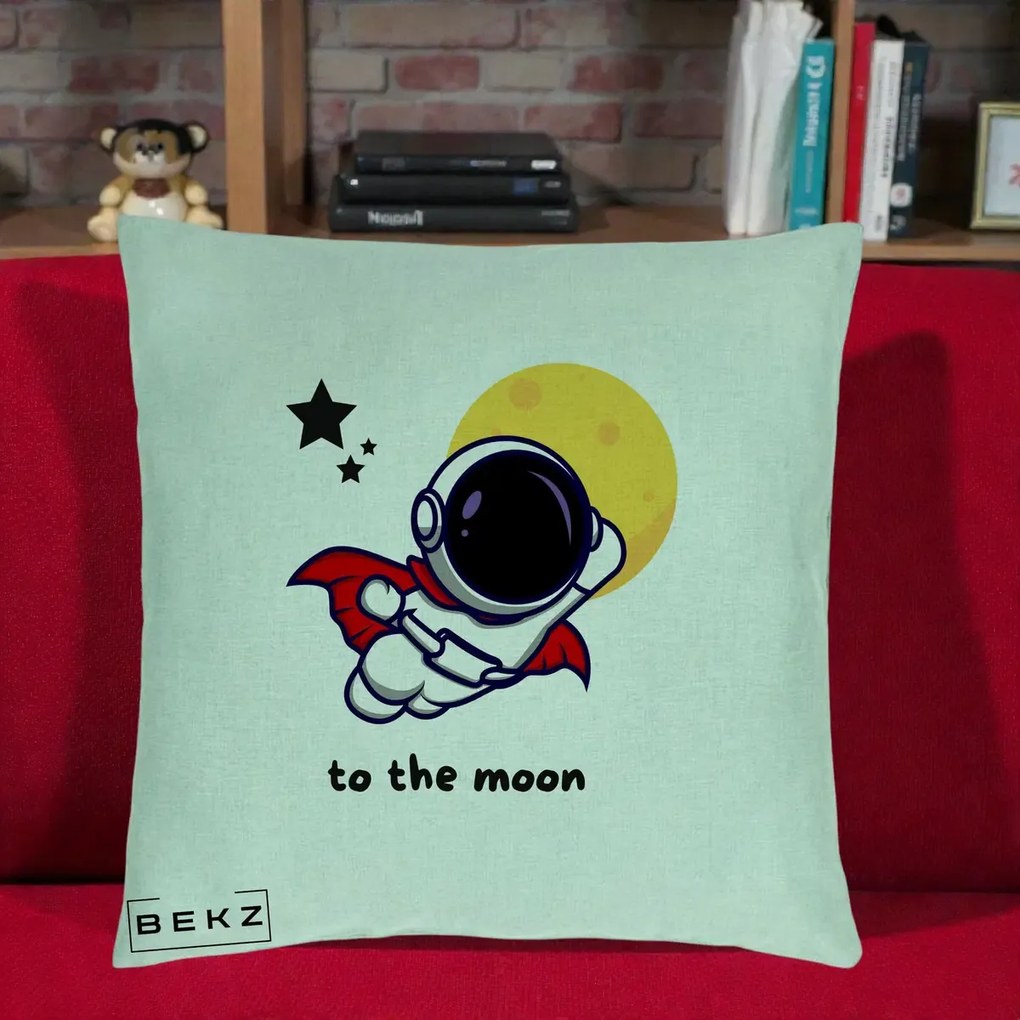 Perna Decorativa Astronaut To The Moon, 40x40 cm, Verde Menta, Husa Detasabila, Perna Inclusa, BEKZ®