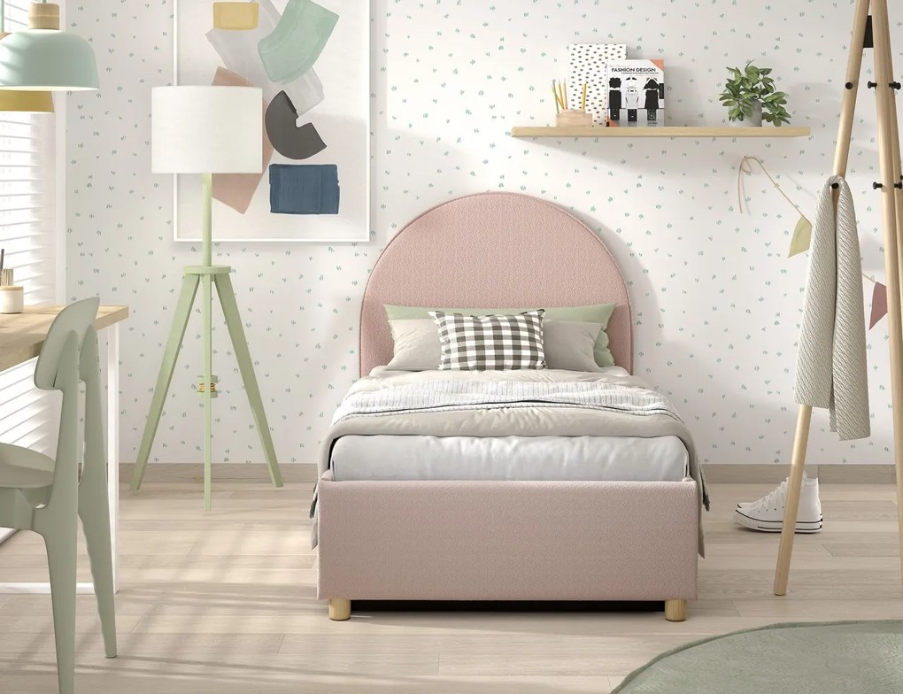 Pat tapițat pentru copii MOON, 90 x 200 cm, roz, cu țesătură bouclé și spațiu de depozitare – Vipack