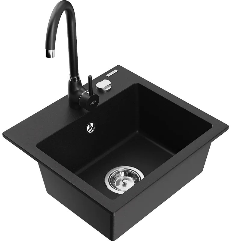 Mexen Milo chiuvetă de granit cu 1 compartiment cu baterie de bucătărie Telma, negru - 6505-77-670200-70