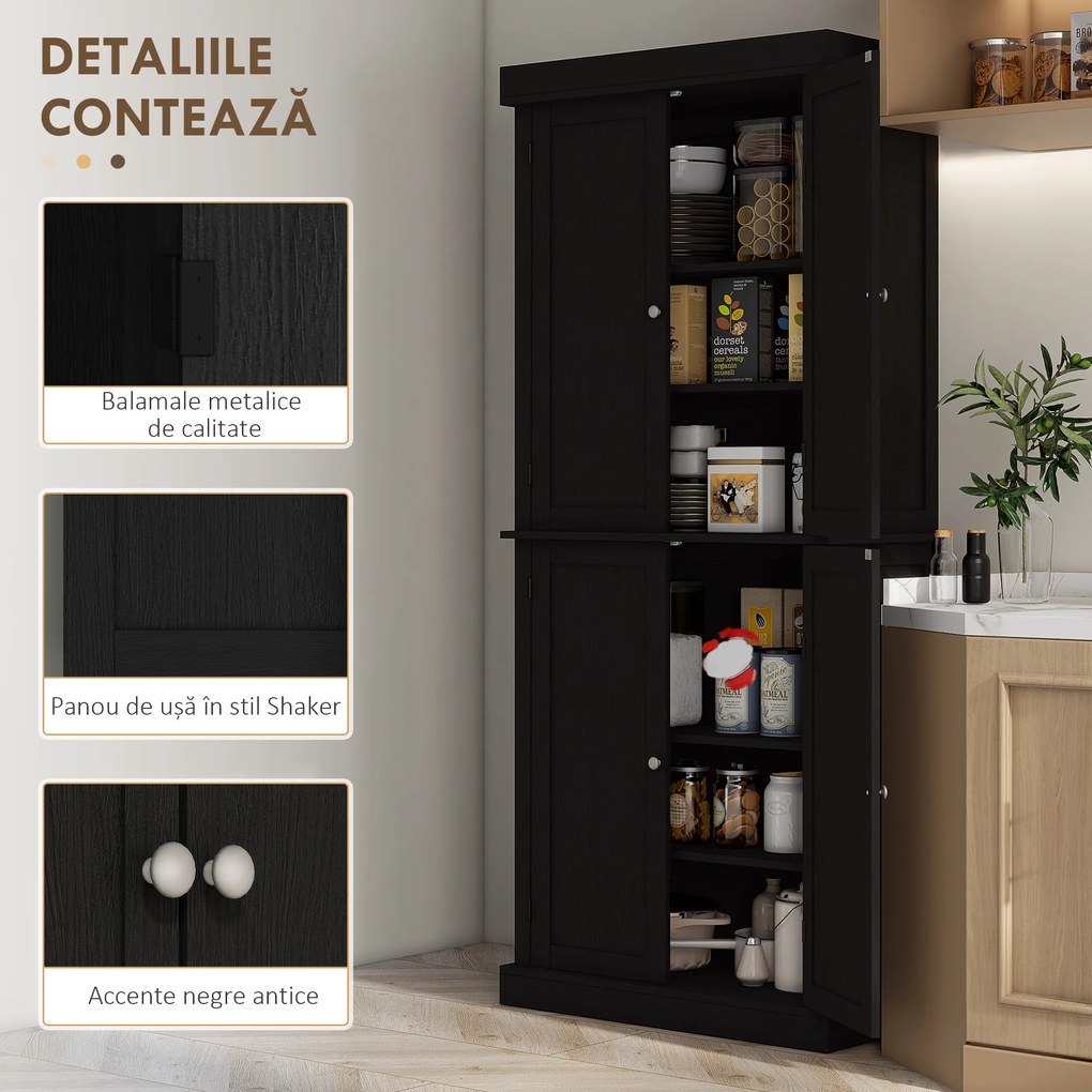 HOMCOM Dulap Înalt de Bucătărie cu 6 Rafturi și 2 Uși, Dulap cu Rafturi Reglabile din Lemn, 76x40,5x184 cm, Alb | Aosom Romania