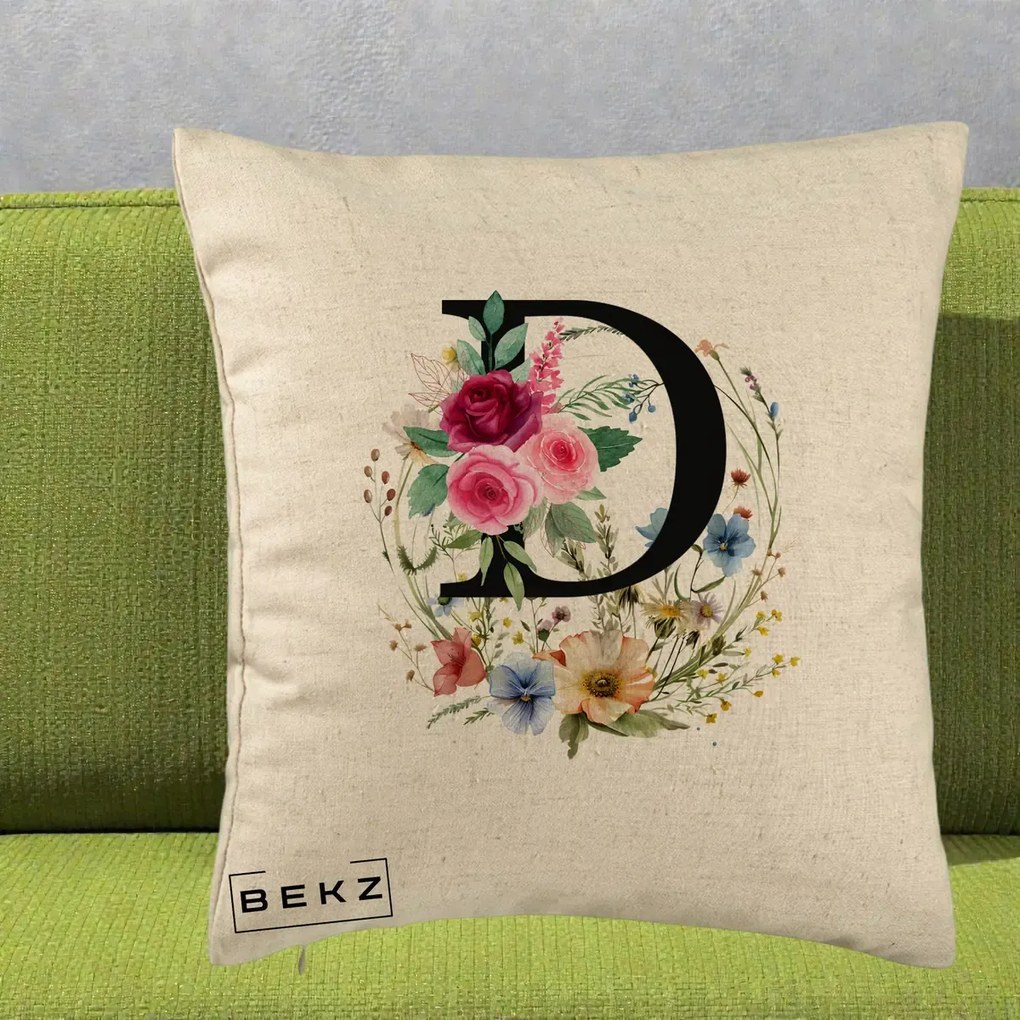 Cadou Personalizat - Perna Personalizata Monogram Litera D cu Flori Acuarela, 40x40 cm, Bej, Husa Detasabila, Perna Inclusa, BEKZ®