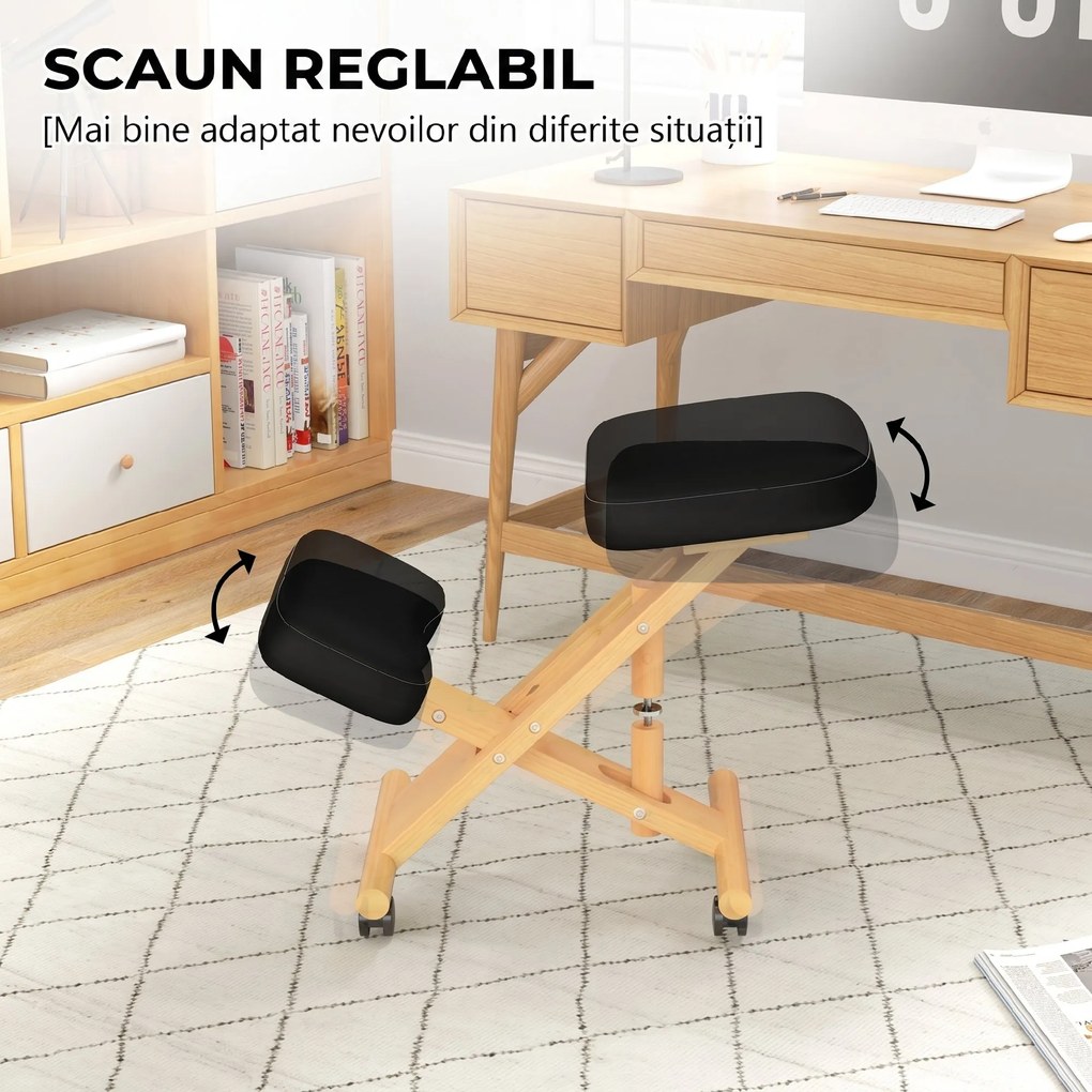HOMCOM Scaun Ergonomic pentru Genunchi cu Înălțime Reglabilă din Lemn cu Rotile, 42x70x42-52 cm, Negru | Aosom Romania