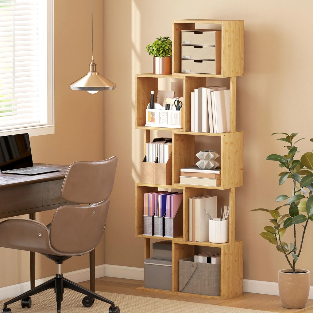 HOMCOM Librărie modernă și asimetrică cu 5 niveluri din bambus, 62.5 x 23 x 165 cm, lemn | Aosom Romania