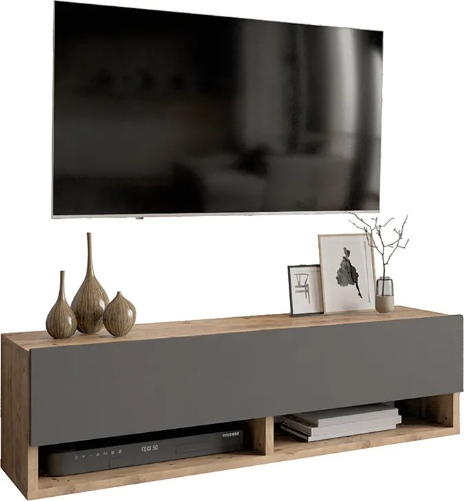 Comoda TV suspendata Rosca, cu raft, culoare antracit-stejar, 100 x 31.5 x 29 cm